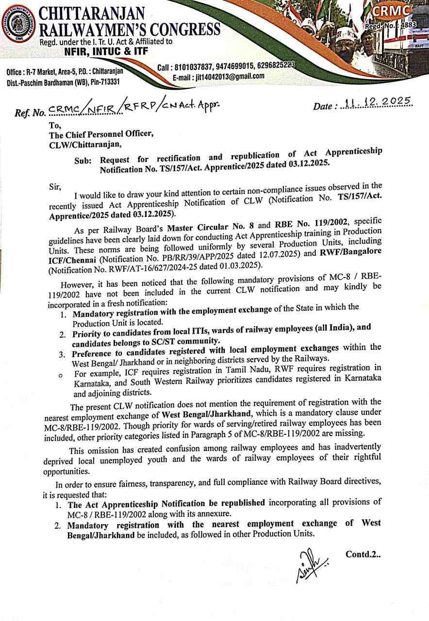 सीएलडब्ल्यू की अप्रेंटिस अधिसूचना पर उठे सवाल, रेलवेमेंस कांग्रेस ने संशोधन व पुनर्प्रकाशन की मांग तेज की